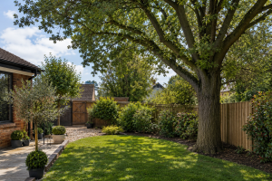 Mature tree in a residential Essex garden surrounded by lawn, fencing and landscaped borders.