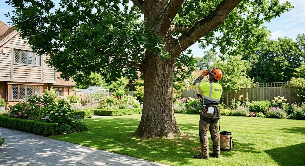 Professional tree surgeon inspecting a mature oak tree in a sunny Essex garden during summer.